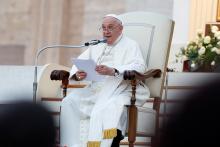 Pope Francis delivers his homily during an ecumenical prayer vigil in St. Peter's Square Sept. 30, ahead of the assembly of the Synod of Bishops. (CNS/Lola Gomez)