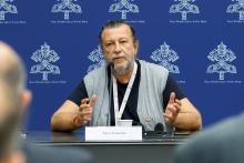 Luca Casarini, a special synod guest from the aid organization Mediterranea Saving Humans, speaks during a briefing about the assembly of the Synod of Bishops at the Vatican Oct. 11. (CNS/Lola Gomez)