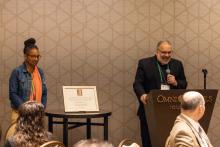 Bishop John Stowe of Lexington, Kentucky, speaks during a breakfast awards ceremony June 11 in Louisville, Kentucky. Stowe received the Dorothy Day Guild's initial Dorothy Day Peacemaker Award on behalf of Pax Christi USA. Stowe is president of Pax Christi USA's national council. (Courtesy of Pax Christi USA)