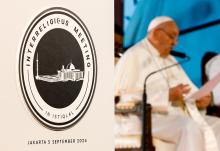 Pope Francis speaks to representatives of Muslim, Christian, Hindu, Buddhist and other religious communities during an interreligious meeting at the Istiqlal Mosque in Jakarta, Indonesia, on Sept. 5. (CNS/Lola Gomez)