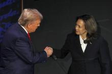 HARRIS TRUMP PRESIDENTIAL DEBATE U.S. Vice President and Democratic presidential candidate Kamala Harris, and Republican presidential nominee and former U.S. President Donald Trump, greet each other before taking part in the presidential debate at the National Constitution Center in Philadelphia Sept. 10. Catholic voters in Pennsylvania are split nearly evenly over the U.S. presidential race, according to the NCR Poll of swing-state voters. (OSV News/Reuters/Brian Snyder)