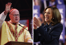 New York Cardinal Timothy Dolan, and Democratic presidential nominee and U.S. Vice President Kamala Harris are pictured in a combination photo. (OSV News/Bob Roller/Reuters/Brendan Mcdermid)