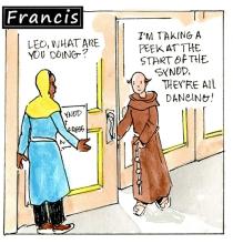 Francis, the comic strip: Brother Leo and Gabby take a peek inside the synod hall.