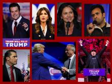 Clockwise from top left: Matt Gaetz (OSV News/Reuters/Mike Blake); Kristi Noem (OSV News/Reuters/Marco Bello); Tulsi Gabbard (OSV News/Reuters/Jeenah Moon); Vivek Ramaswamy (Wikimedia Commons/Gage Skidmore); Elon Musk (OSV News/Reuters/Andrew Kelly); Robert Kennedy Jr. and Donald Trump (OSV News/Reuters/Carlos Barria); Pete Hegseth (OSV News/Reuters/Kevin Lamarque)