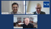 NCR news editor Joshua McElwee, St. Joseph Sr. Katie Eiffe, and San Diego Bishop Robert McElroy in a NCR Live discussion (NCR screenshot/YouTube)