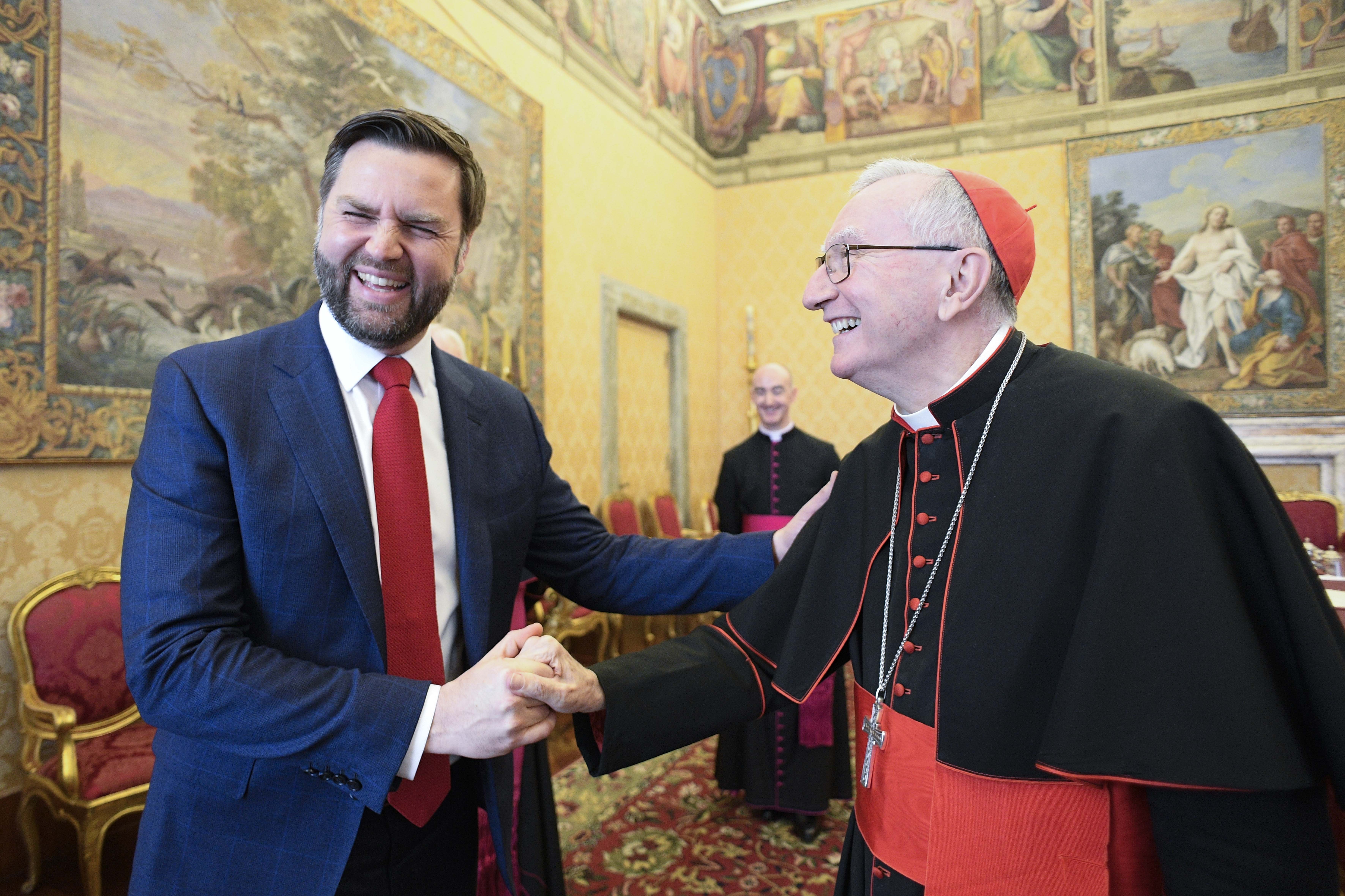 Cardinal Pietro Parolin, Vatican secretary of state, shakes hands with U.S. Vice President JD Vance during a meeting in the Apostolic Palace at the Vatican April 19, 2025. (CNS photo/Vatican Media)