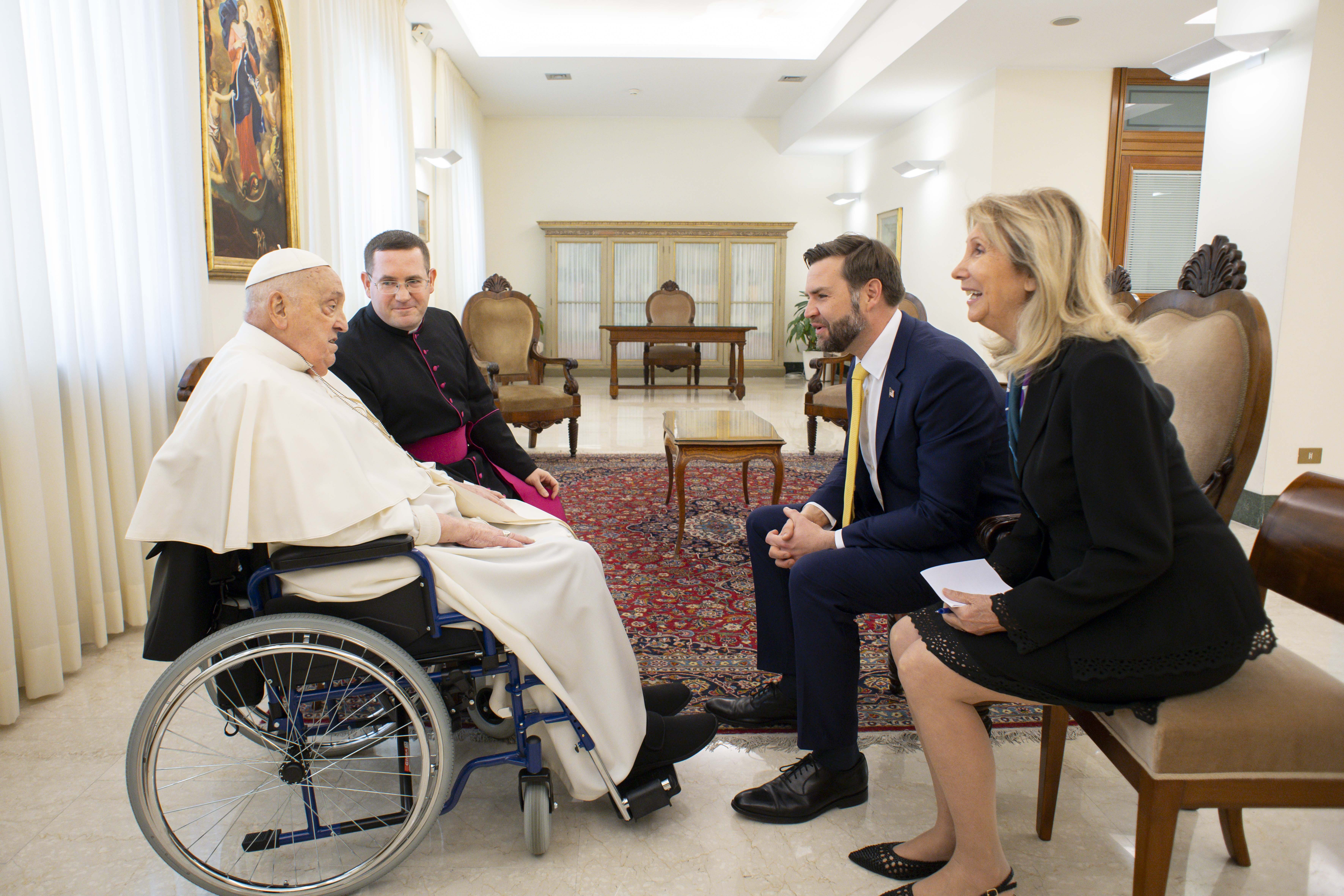 Pope Francis meets briefly with U.S. Vice President JD Vance, and his translator, in the papal residence, the Domus Sanctae Marthae, at the Vatican April 20, 2025. 