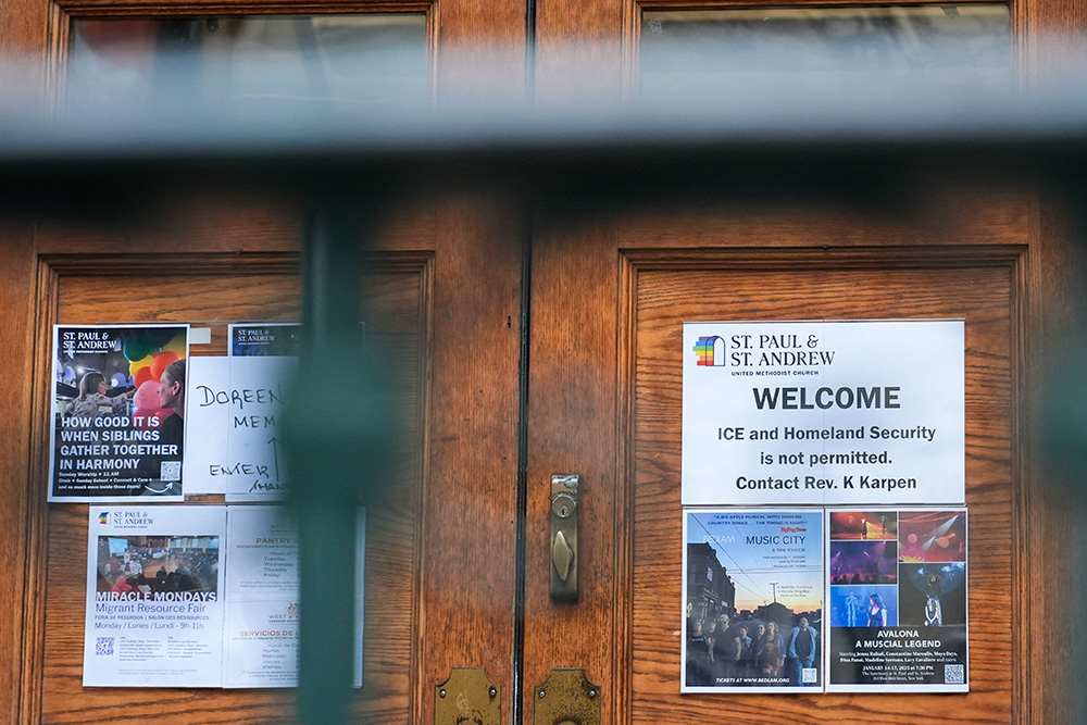 A sign that prohibits the entrance of ICE or Homeland Security is posted on a door at St. Paul and St. Andrew United Methodist Church in New York, Jan. 21, 2025. (AP/Seth Wenig, File)