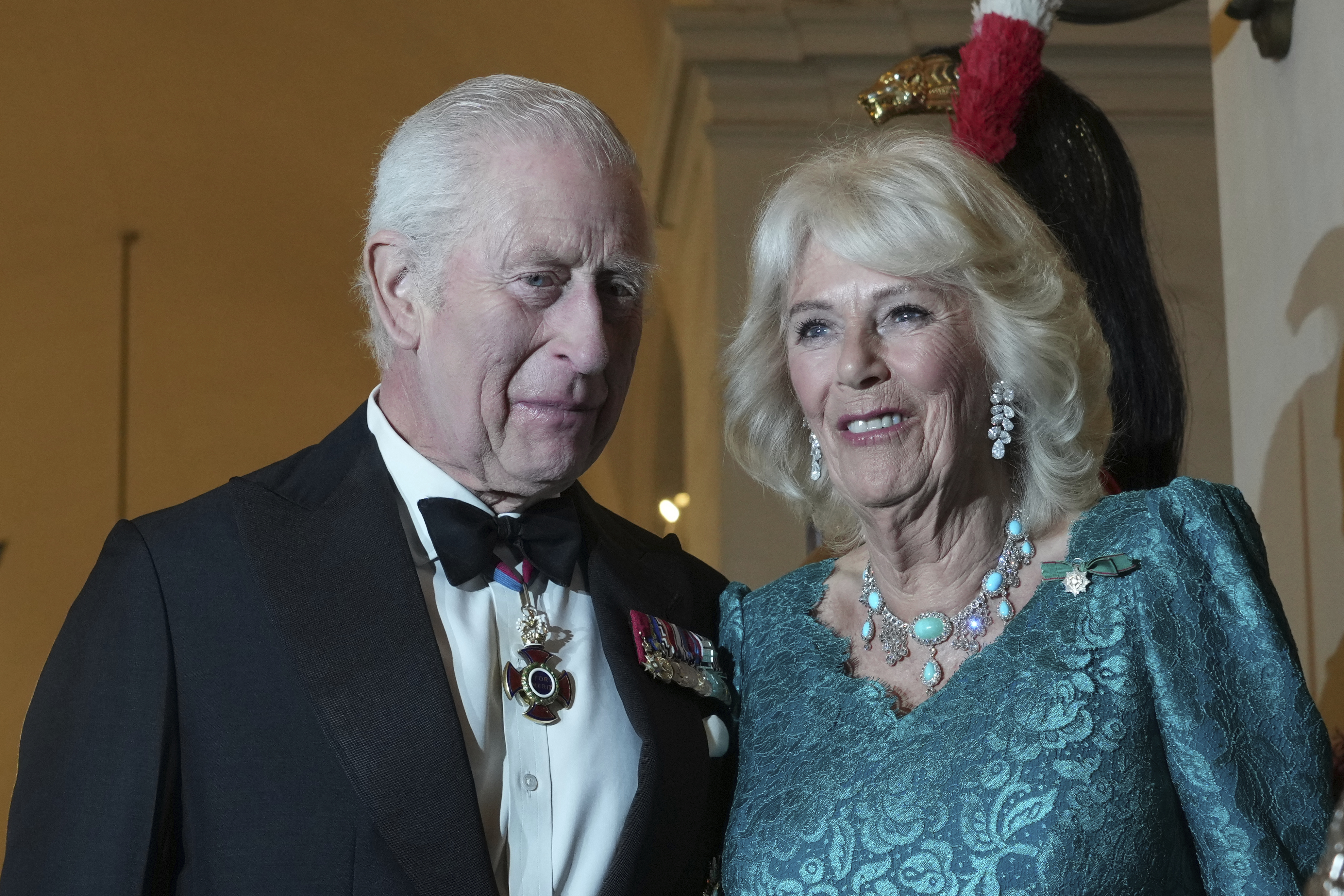 Britain's King Charles III and Queen Camilla arrive for an official dinner with Italy's President Sergio Mattarella at the Quirinale Presidential Palace in Rome, Wednesday, April 9, 2025. (AP Photo/Andrew Medichini)