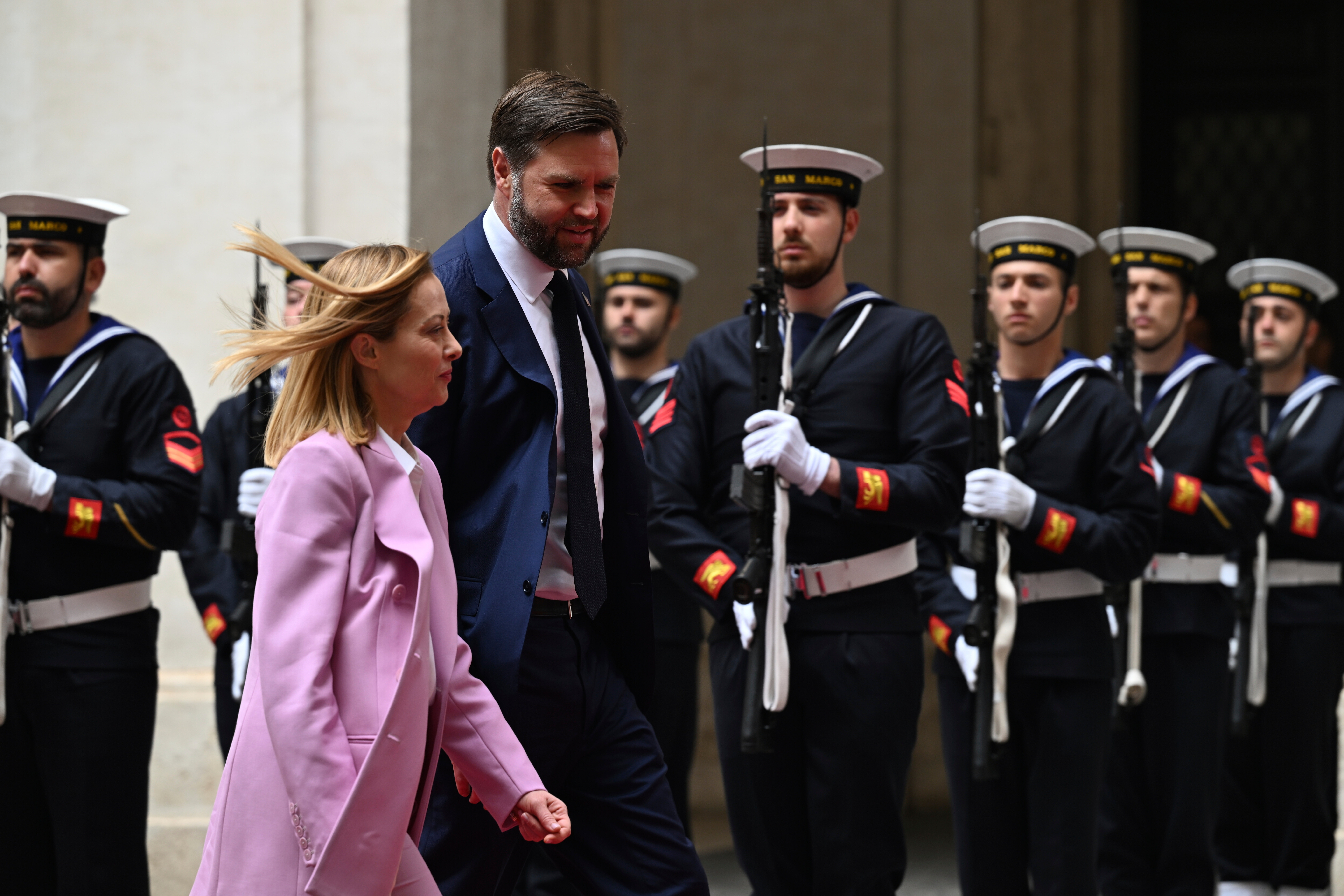 U.S. Vice President JD Vance meets with Italian Prime Minister Giorgia Meloni at Chigi Palace in Rome, Italy, Friday April 18, 2025. (Kenny Holston/The New York Times via AP, Pool)