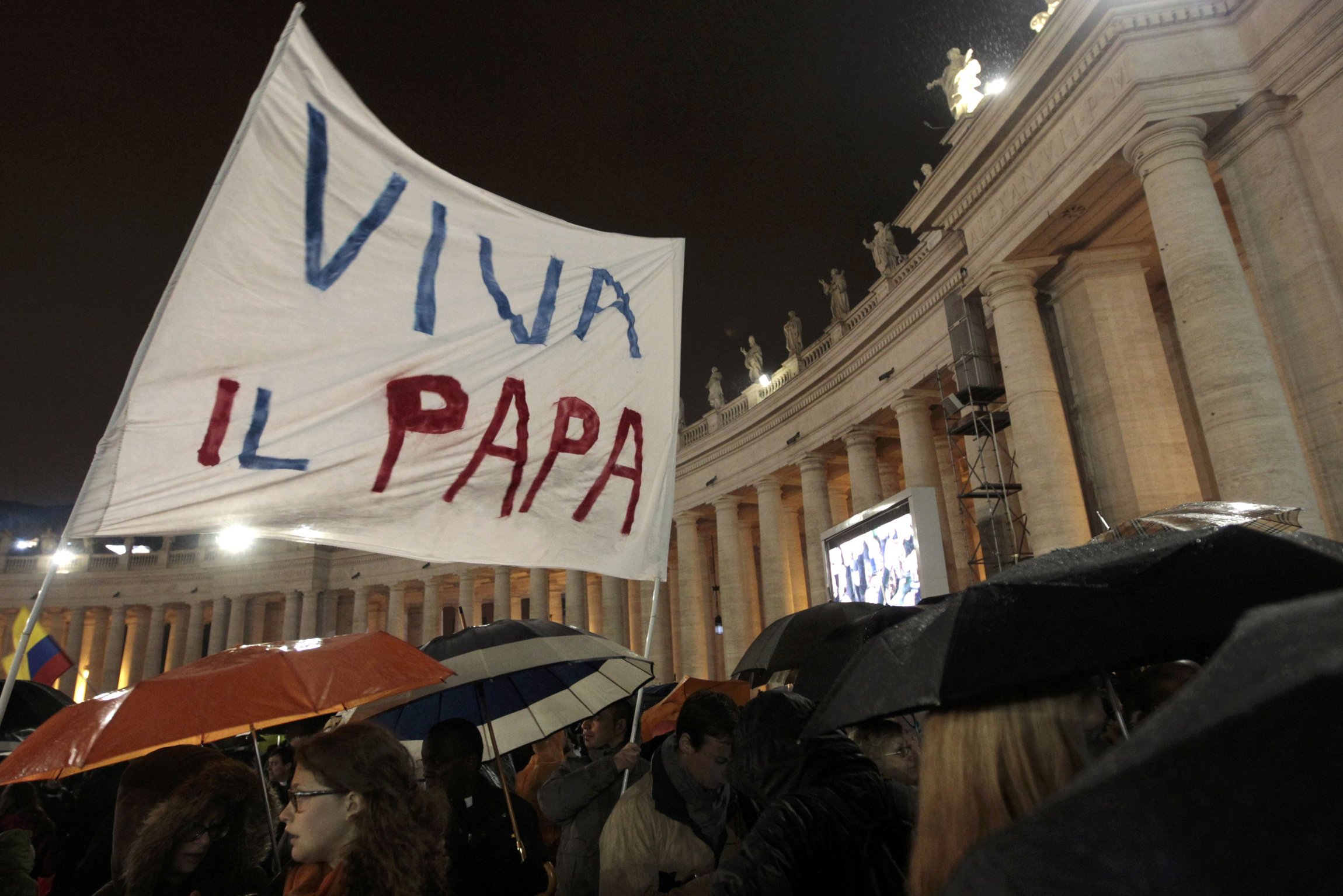 Pilgrims cheer and wave a banner saying "Viva il papa" (Long live the pope)