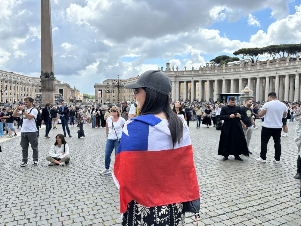 Isabel Segovia Severin traveled from Viña Del Mar, Chile, in hopes of seeing white smoke and the new pope. "We leave tomorrow so we hope that today is the day," she said on May 8, the second day of the conclave. (NCR photo/Olivia Bardo)