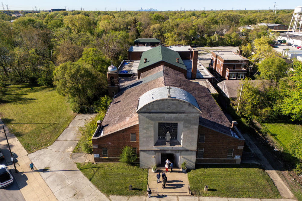 A drone view May 9, 2025, shows St. Mary of the Assumption Church at the very southern edge of Chicago.