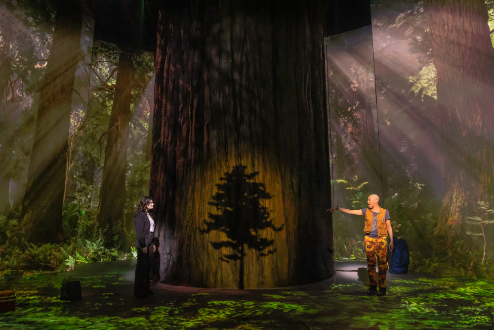 Idina Menzel (Jesse) and Khalia Wilcoxon (Becca) standing on opposite sides of a redwood tree on the set of the Broadway musical "Redwood." (Matthew Murphy and Evan Zimmerman)