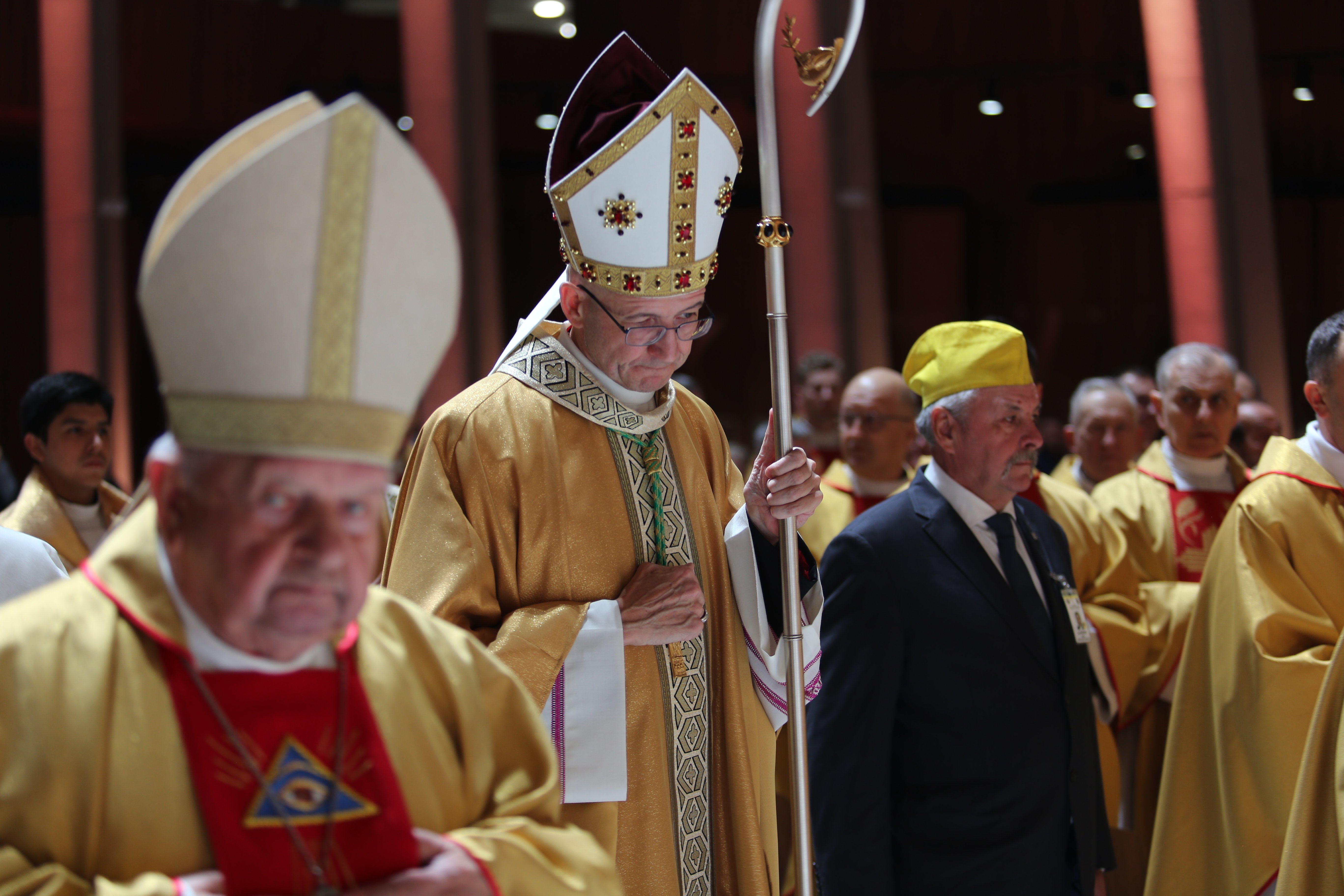 Archbishop Adrian Galbas of Warsaw, Poland, prays during Mass March 13, 2025, in Warsaw's Temple of Divine Providence. Archbishop Galbas in a July 25 statement said that he was "devastated and crushed" by the arrest of a diocesan priest in the brutal murder of a homeless man July 24 and the priest's confession to police he did it. (OSV News photo/courtesy Polish bishops' conference)