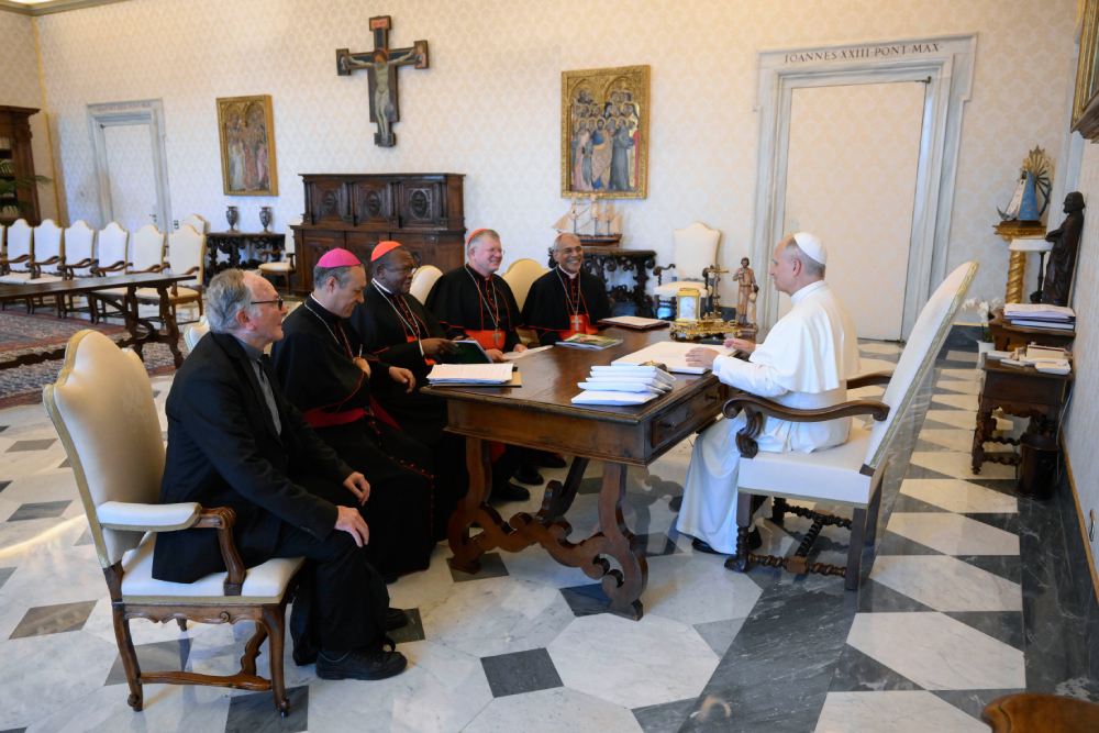 Pope Leo XIV meets with the heads of several bishops' conferences July 1, 2025, at the Vatican.