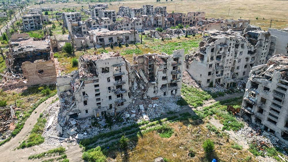 A drone view on Aug. 7, 2025, shows the ruins of residential buildings in the abandoned town of Marinka, Ukraine, which was destroyed in the course of Russia-Ukraine conflict in the Donetsk region, a Russian-controlled area of Ukraine. (OSV News/Reuters/Alexander Ermochenko)