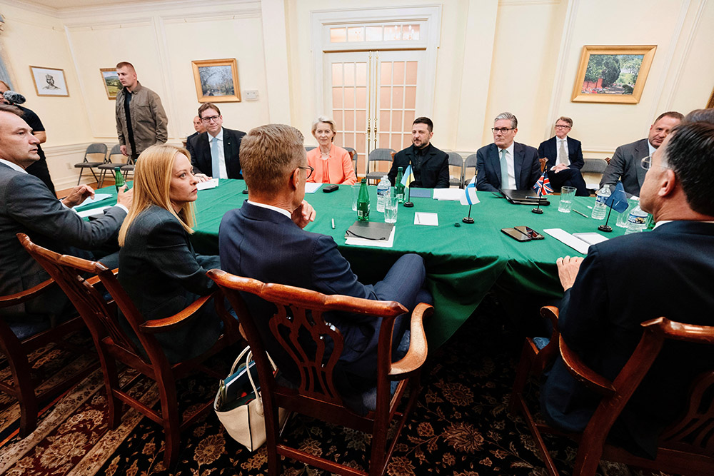 Ukrainian President Volodymyr Zelenskyy, center, meets some of the European leaders at the Ukrainian Embassy ahead of their meeting with U.S. President Donald Trump in Washington Aug. 18, 2025. (OSV News/Italian Prime Ministry handout via Reuters)