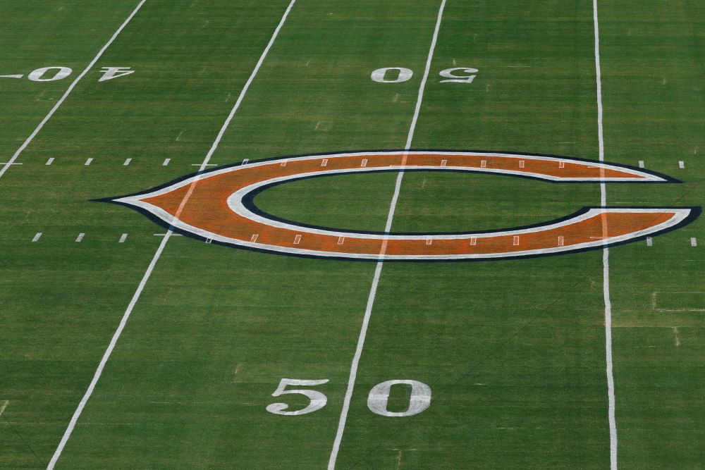 Chicago Bears logo is seen on the field prior to an NFL football game between the Chicago Bears and Minnesota Vikings Sept. 8 in Chicago.
