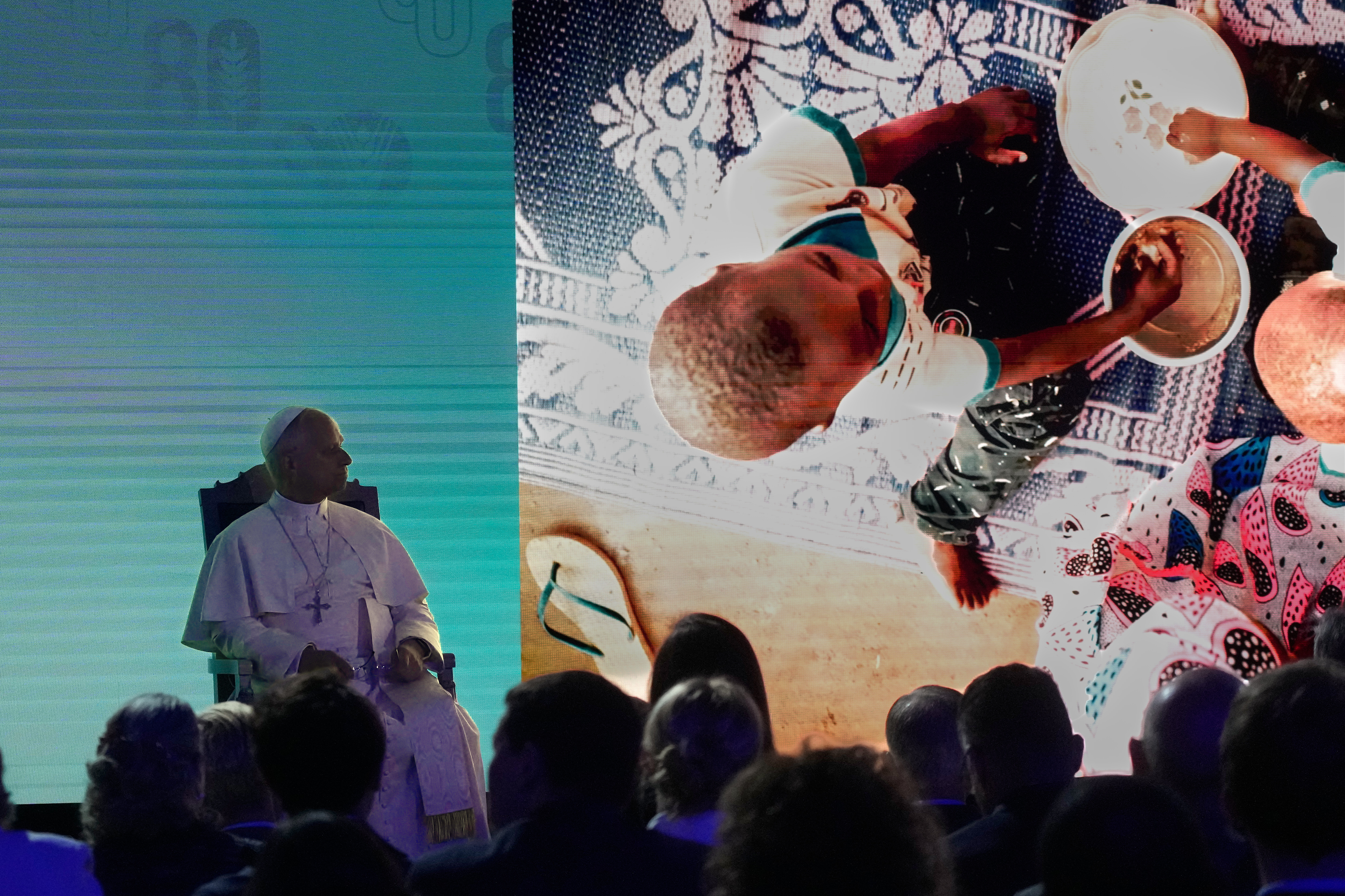Pope Leo XIV attends the ceremony marking the 80th anniversary of World Food Day at the U.N. Food and Agriculture Organization headquarters in Rome Oct. 16. (AP/Gregorio Borgia)