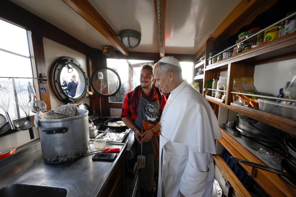 Pope Leo XIV visits the galley of the "Bel Espoir" ("Beautiful Hope").