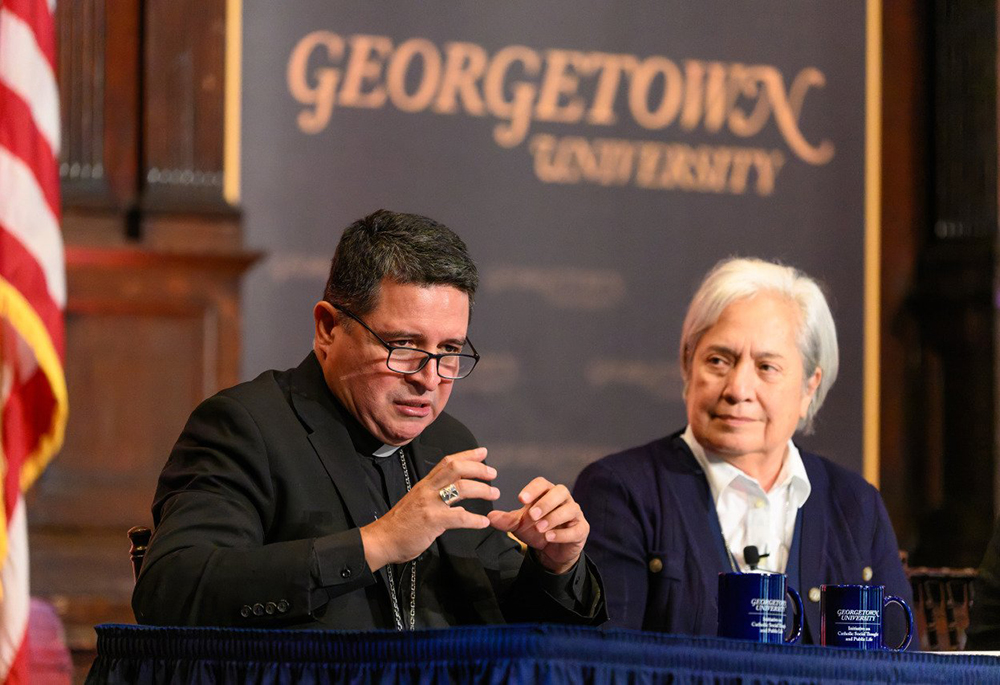 Washington Auxiliary Bishop Evelio Menjivar-Ayala speaks during a roundtable titled "Deportations and Assaults on Human Dignity: on Catholic Principles, Human Costs, and Pastoral Challenges" at Georgetown University in Washington Sept. 11, 2025. Also pictured is Sr. Norma Pimentel, a member of the Missionaries of Jesus, who is executive director of Catholic Charities of the Rio Grande Valley in the Diocese of Brownsville, Texas. (OSV News/Courtesy of Georgetown University/Rafael Suanes)