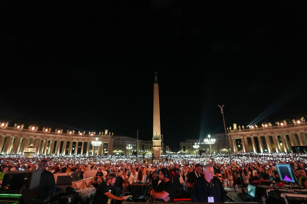 Tens of thousands of people gathered in St. Peter's Square at the Vatican Sept. 13, 2025, for the concert, "Grace for the World," which concluded the World Meeting on Human Fraternity. (CNS/Lola Gomez)