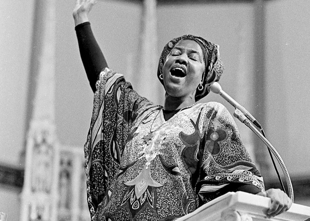 Sr. Thea Bowman, a Franciscan Sister of Perpetual Adoration, speaks at St. Augustine Church in Washington in 1986.