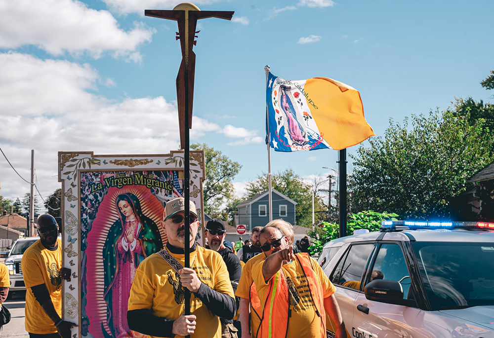 About 1,000 Catholic activists march Saturday, Oct. 11 in Chicago to bring Communion to detainees at the Broadview ICE processing center. (Courtesy of Coalition for Spirituality and Public Leadership)