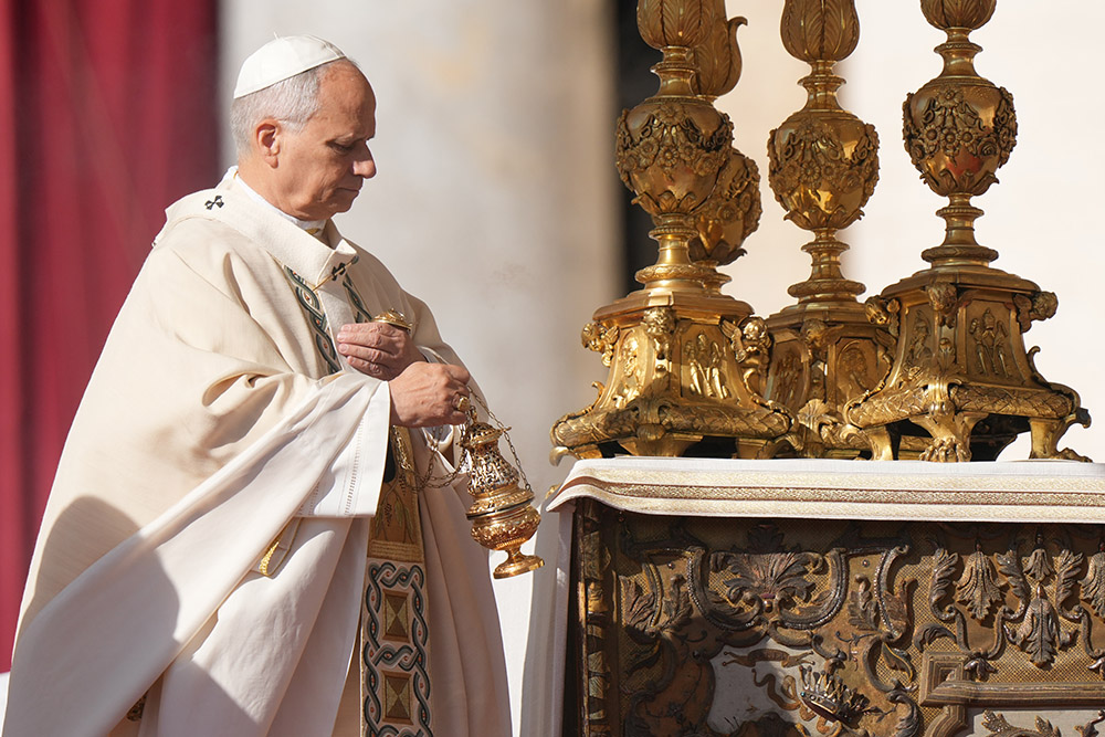 Pope Leo XIV presides over a Mass in St. Peter's Square at the Vatican, during which he canonized seven new saints of the Catholic Church, Oct. 19, 2025. (AP/Andrew Medichini)