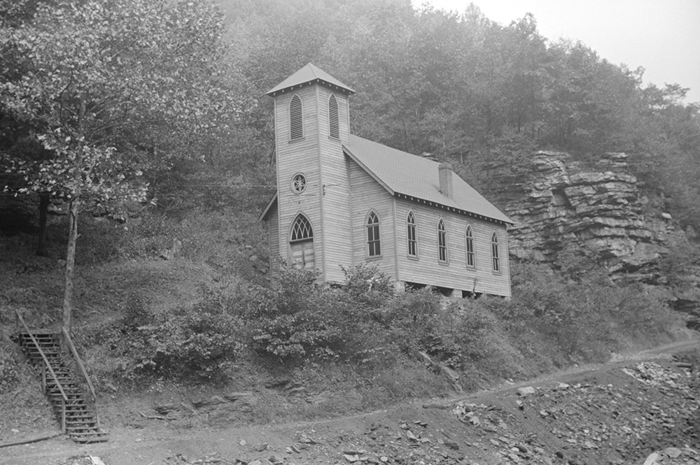 A church that was also used as a union hall in the coal mining town of Caples, West Virginia, is seen in a photo from September 1938. (Library of Congress Prints and Photographs Division/Marion Post Wolcott)