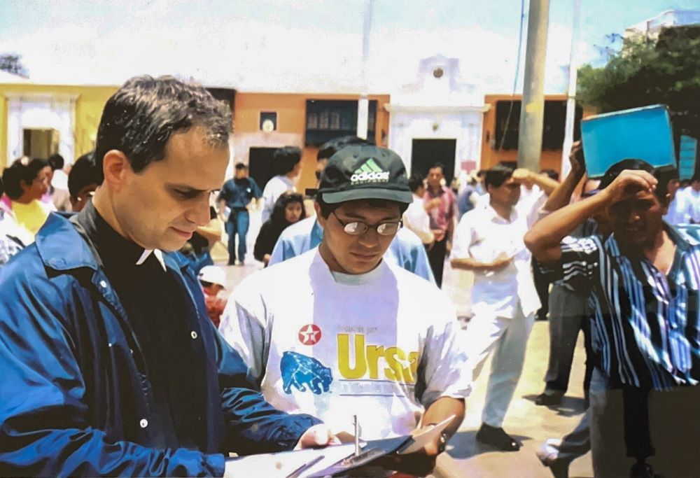 Augustinian Fr. Robert Prevost gathers signatures during a march in Trujillo, Peru, in an undated photo.
