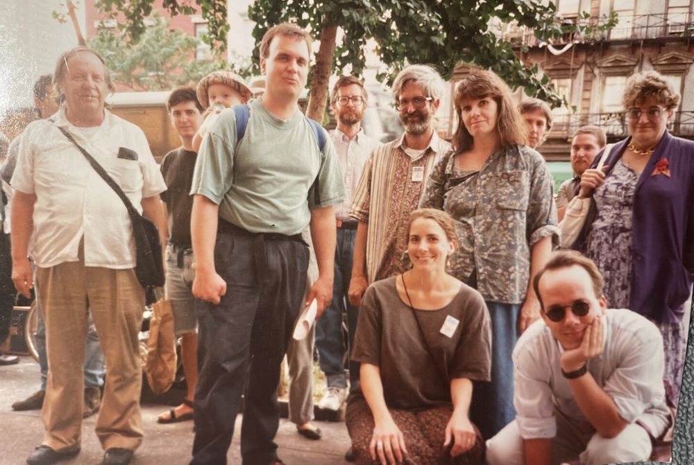 Jane Sammon, second from right, and fellow Catholic Worker community members pose in a photo from the late 1980s or early 1990s.
