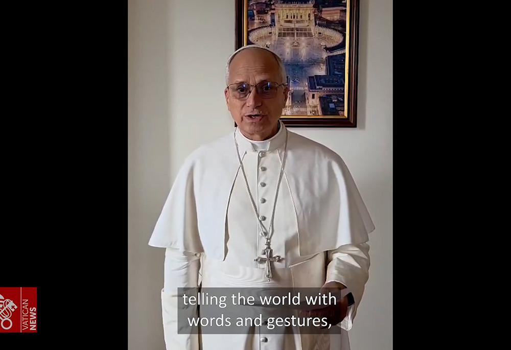 Pope Leo XIV is seen in a screen grab reading his message to Christian representatives and activists at the U.N. Climate Conference, COP30, in a video released by the Vatican Nov. 17. (CNS screen grab/Vatican Media)