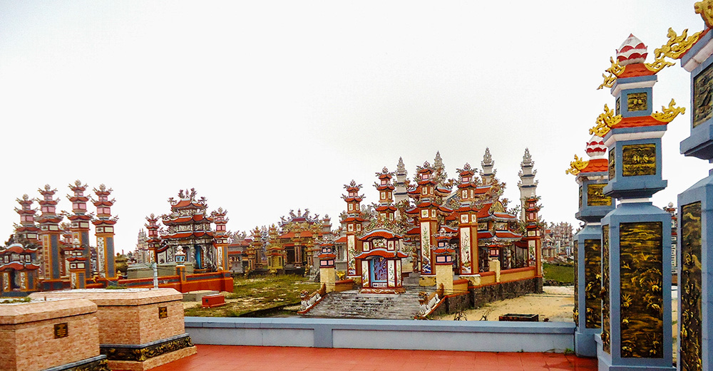 Part of An Bang Cemetery stretches across 25 hectares of white coastal dunes outside the former imperial city of Hue. Since the early 2000s, nearly 400 temple-like tombs in different sizes and architectural styles have risen from the sand — as grand tributes to the dead and expressions of filial devotion. (Joachim Pham)