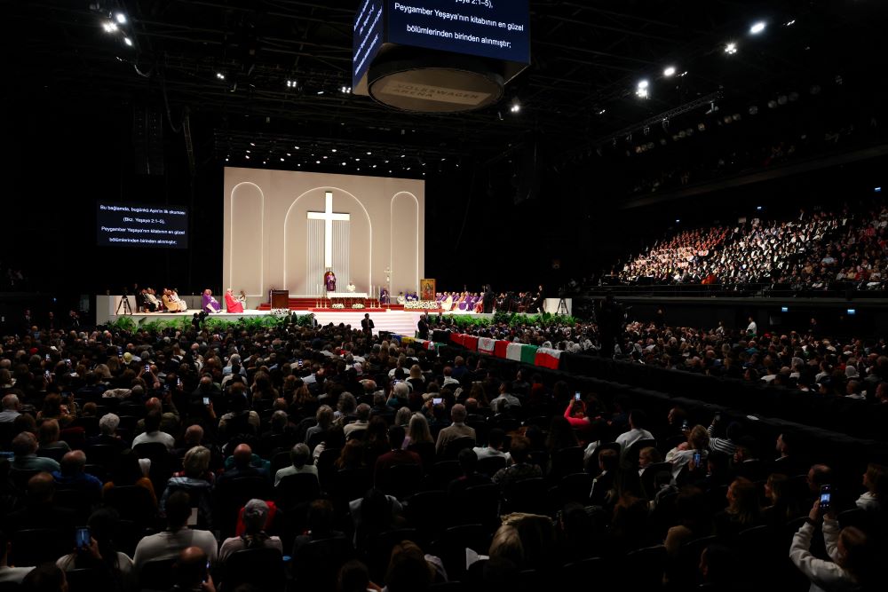 Pope Leo XIV presides over Mass at Istanbul's Volkswagen Arena.