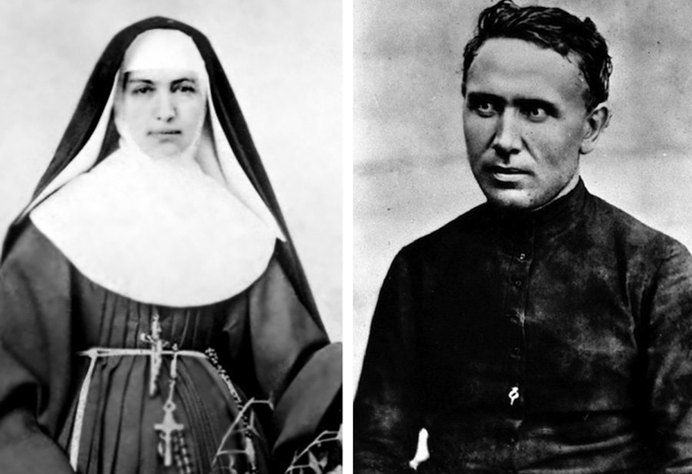 A collage features St. Marianne Cope and St. Damien de Veuster, who served the isolated community of leprosy patients in Molokai, the island just northwest of Maui. (OSV News/Wikimedia Commons, CC 4.0)