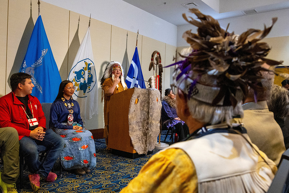 National Chief of the Assembly of First Nations Cindy Woodhouse Nepinak speaks during a Dec. 6, 2025, news conference in Dorval, Quebec, welcoming 62 cultural artifacts connected to the Indigenous Peoples of Canada, on their arrival from the Vatican. (OSV News/Reuters/Carlos Osorio)