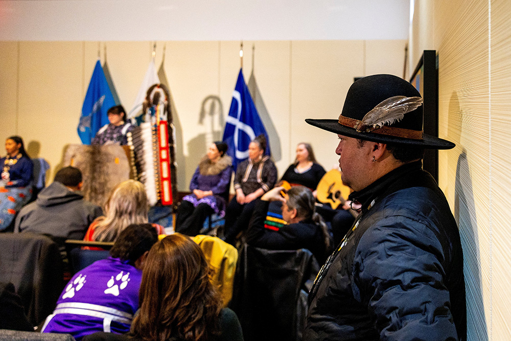 Tim Catcheway of Manitoba listens during a Dec. 6, 2025, news conference in Dorval, Quebec, welcoming 62 cultural artifacts connected to the Indigenous Peoples of Canada, on their arrival from the Vatican. (OSV News/Reuters/Carlos Osorio)