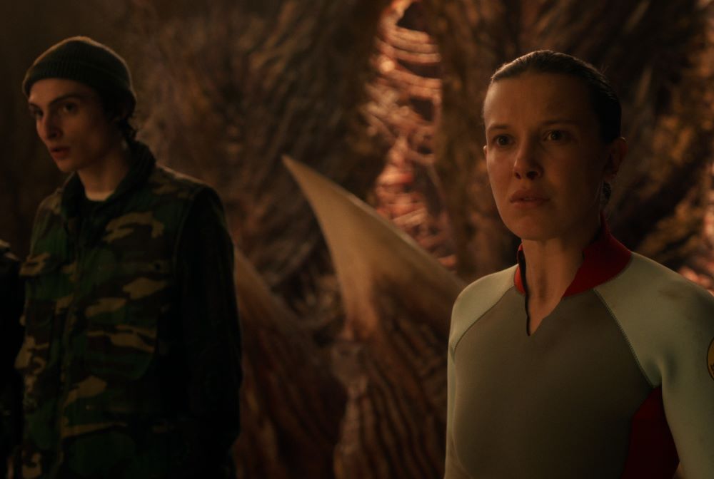 Finn Wolfhar, left, portrays Mike Wheeler and Millie Bobby Brown portrays Eleven in "Stranger Things: Season 5." The series is set in the 1980s and centers on a group of nerdy kids battling monsters from an alternate dimension. (Netflix)