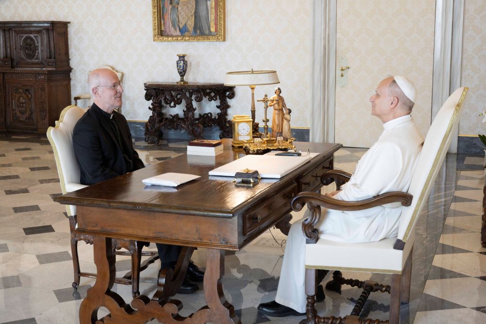 Pope Leo XIV meets with Jesuit Fr. James Martin, an author and editor at large at America magazine, in the library of the Apostolic Palace at the Vatican Sept. 1, 2025. Martin previously met with Pope Francis in 2019. (CNS/Vatican Media)