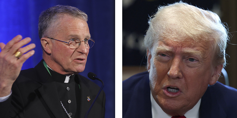 Archbishop Timothy P. Broglio of the U.S. Archdiocese for the Military Services and U.S. President Donald Trump are pictured in a combination photo. (OSV News/Bob Roller; Reuters/Evelyn Hockstein)
