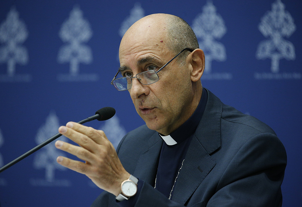 Cardinal Víctor Manuel Fernández, prefect of the Dicastery for the Doctrine of the Faith, speaks to reporters at the Vatican in this file photo from Sept. 19, 2024. (CNS/Justin McLellan)
