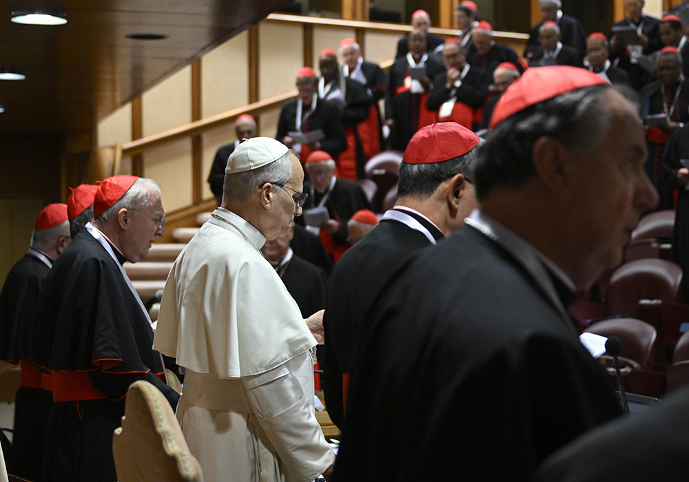 Pope Leo XIV prays Jan. 8, 2026, during a consistory he held with cardinals from around the world at the Vatican. (OSV News/Vatican Media/Simone Risoluti)