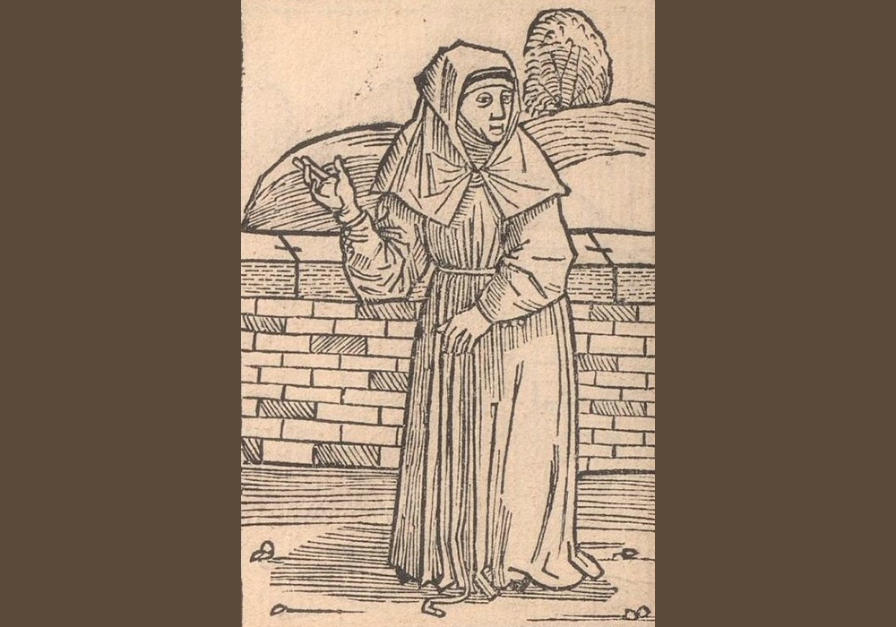 Woodcut depicting a beguine, taken from the book Des Dodes Dantz, printed by Matthäus Brandis in Lübeck in 1489 (Wikimedia Commons, CC BY-SA 3.0)
