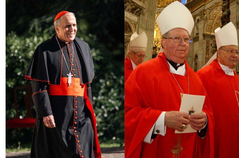 Cardinal Daniel DiNardo, left, retired archbishop of Galveston-Houston, is seen at the Pontifical North American College in Rome May 6, 2025. Bishop Patrick J. Zurek Amarillo, Texas, right, arrives in the crypt of St. Peter's Basilica at the Vatican Jan. 20, 2020. (OSV News photos/Kendall McLaren, Paul Haring)