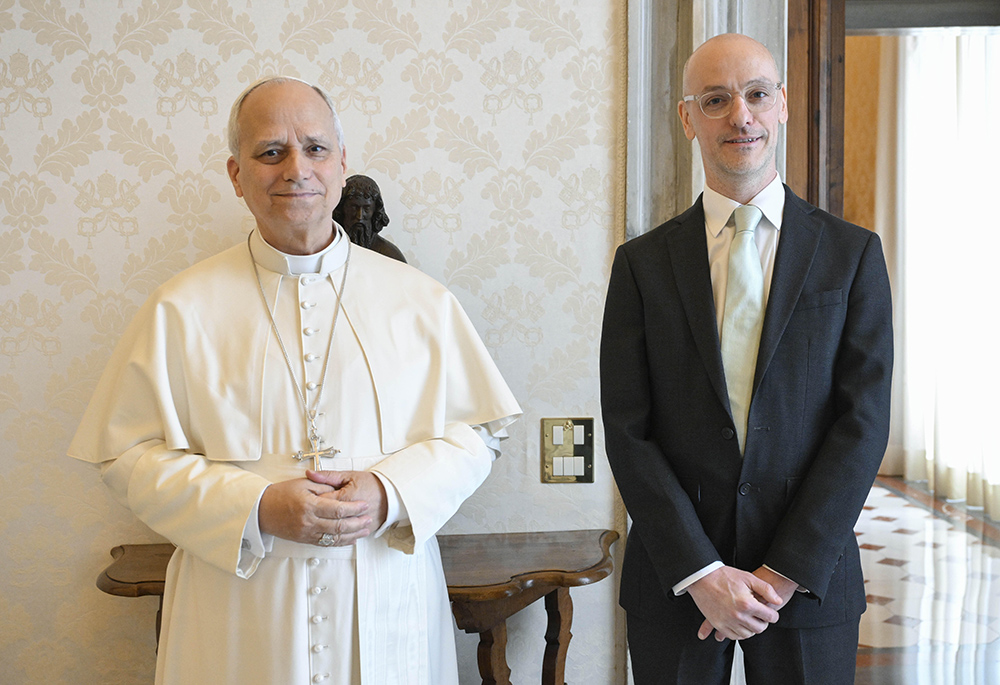 Pope Leo XIV poses with Gareth Gore at the Vatican March 16, 2026. (Courtesy of Gareth Gore/Vatican Media)