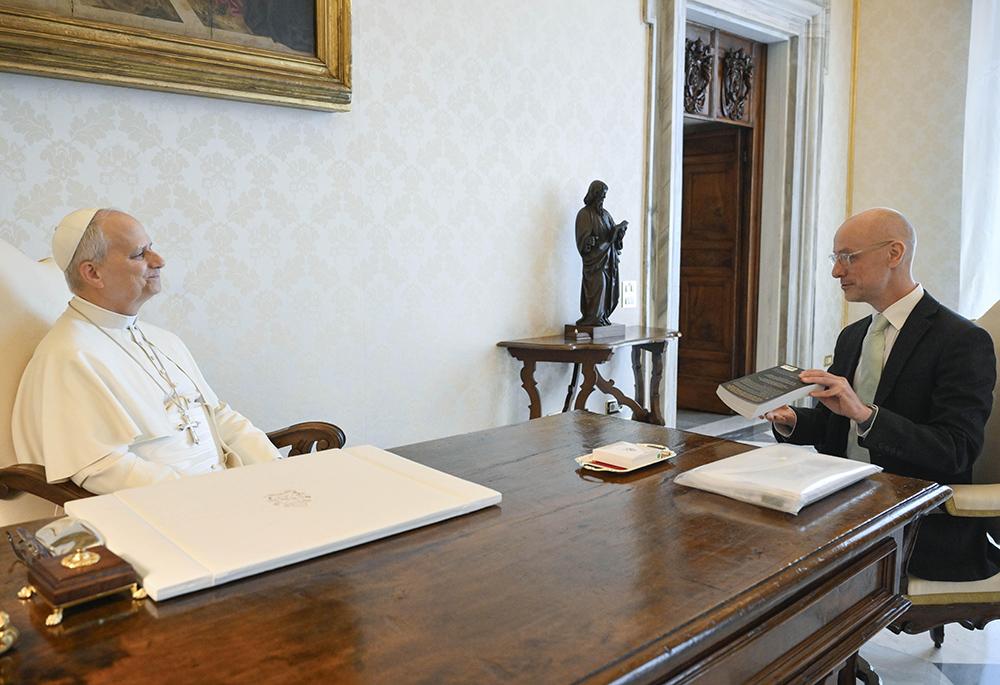 Pope Leo XIV speaks with Gareth Gore at the Vatican March 16, 2026. (Courtesy of Gareth Gore/Vatican Media)