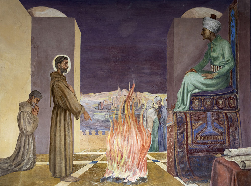 A fresco in the Shrine of La Verna in Italy depicts St. Francis of Assisi's meeting with the sultan of Egypt. (CNS/Octavio Duran)