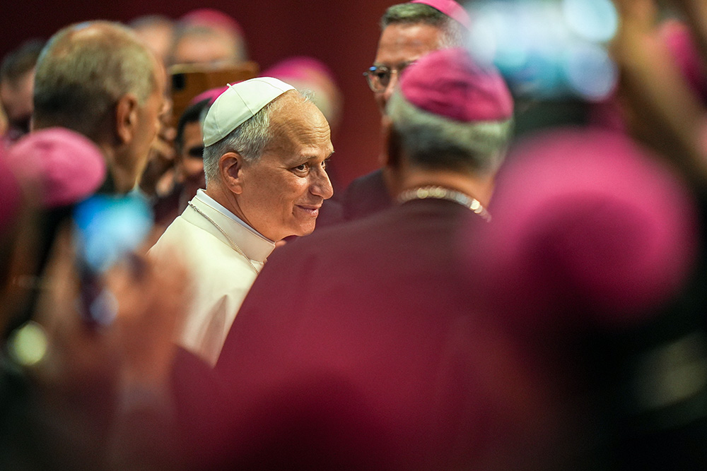 Pope Leo XIV greets bishops from around the world after offering a reflection during the Jubilee of Bishops in St. Peter's Basilica at the Vatican June 25, 2025. (CNS/Lola Gomez)